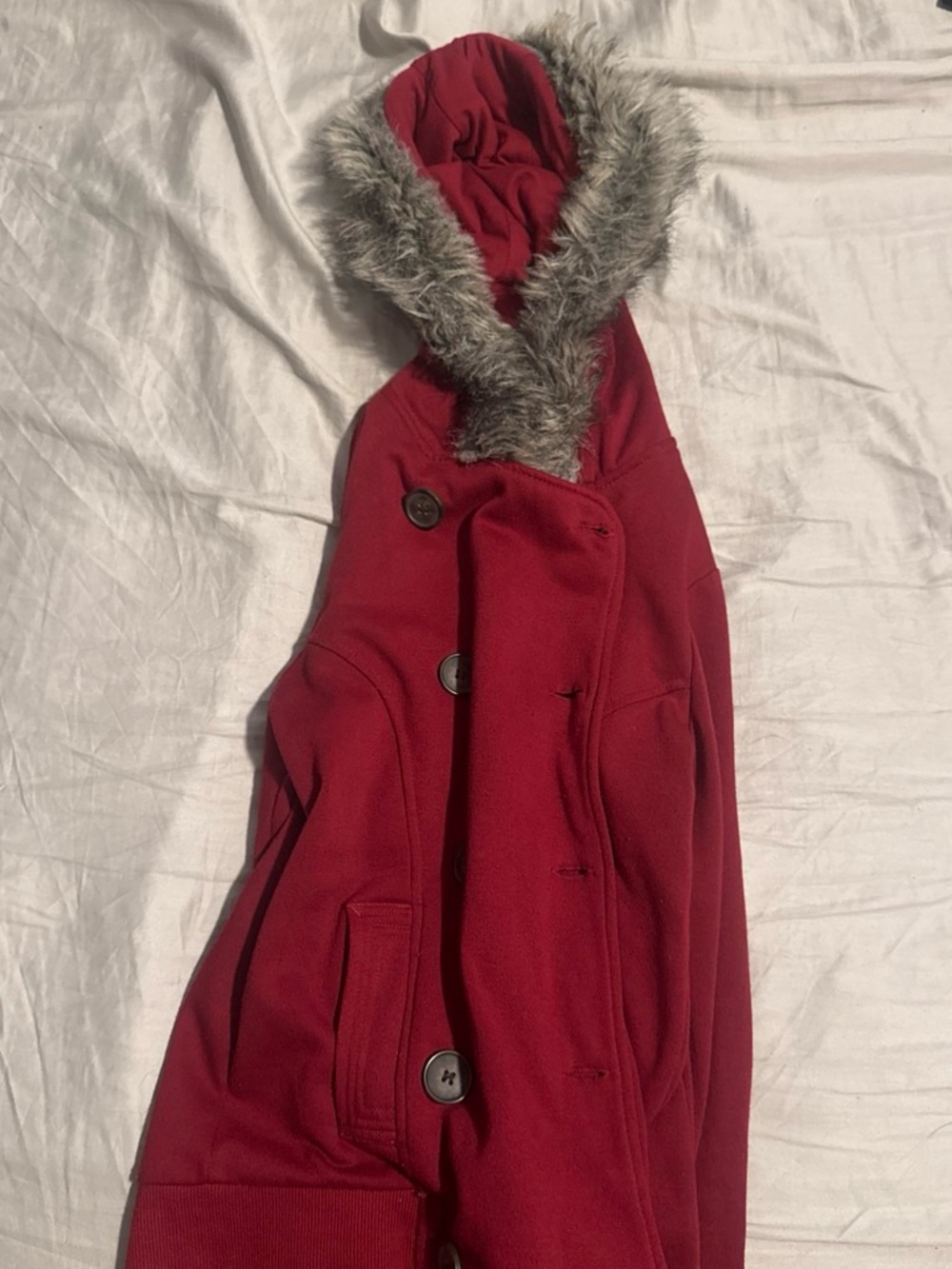 Streetwear Society Red Hooded Trench Coat with Faux Fur Trim